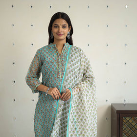 Green Block Print Kota Doria Cotton Sanganeri Kurta Set (Set of 3) 