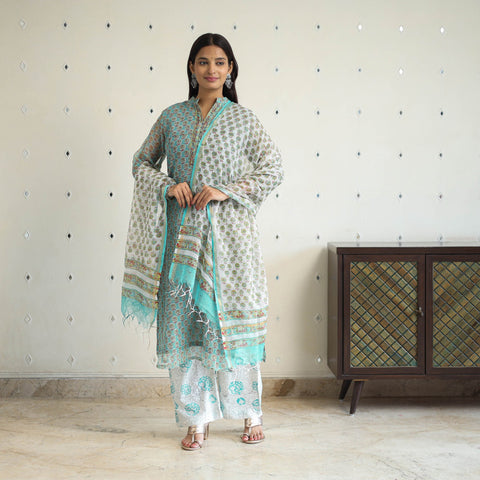 Green Block Print Kota Doria Cotton Sanganeri Kurta Set (Set of 3) 