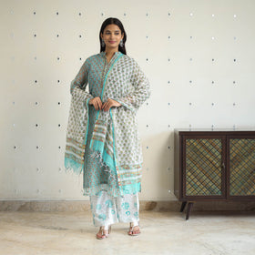 Green Block Print Kota Doria Cotton Sanganeri Kurta Set (Set of 3) 