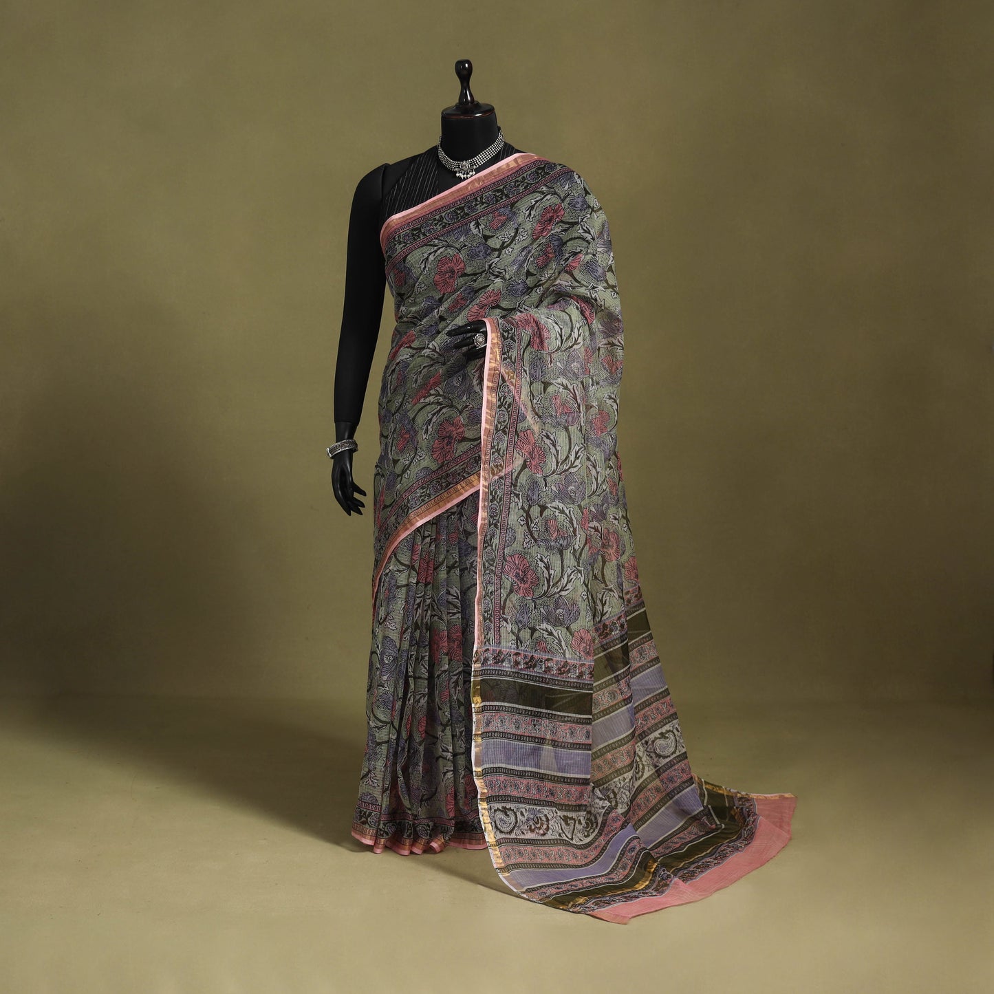 Green - kota doria cotton sanganeri saree 12 - handcrafted