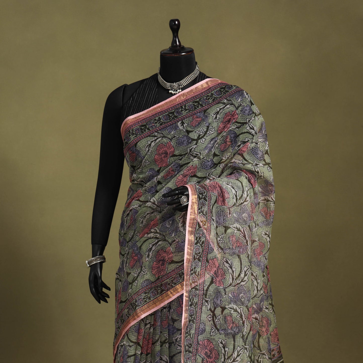 Green - kota doria cotton sanganeri saree 12 - handcrafted