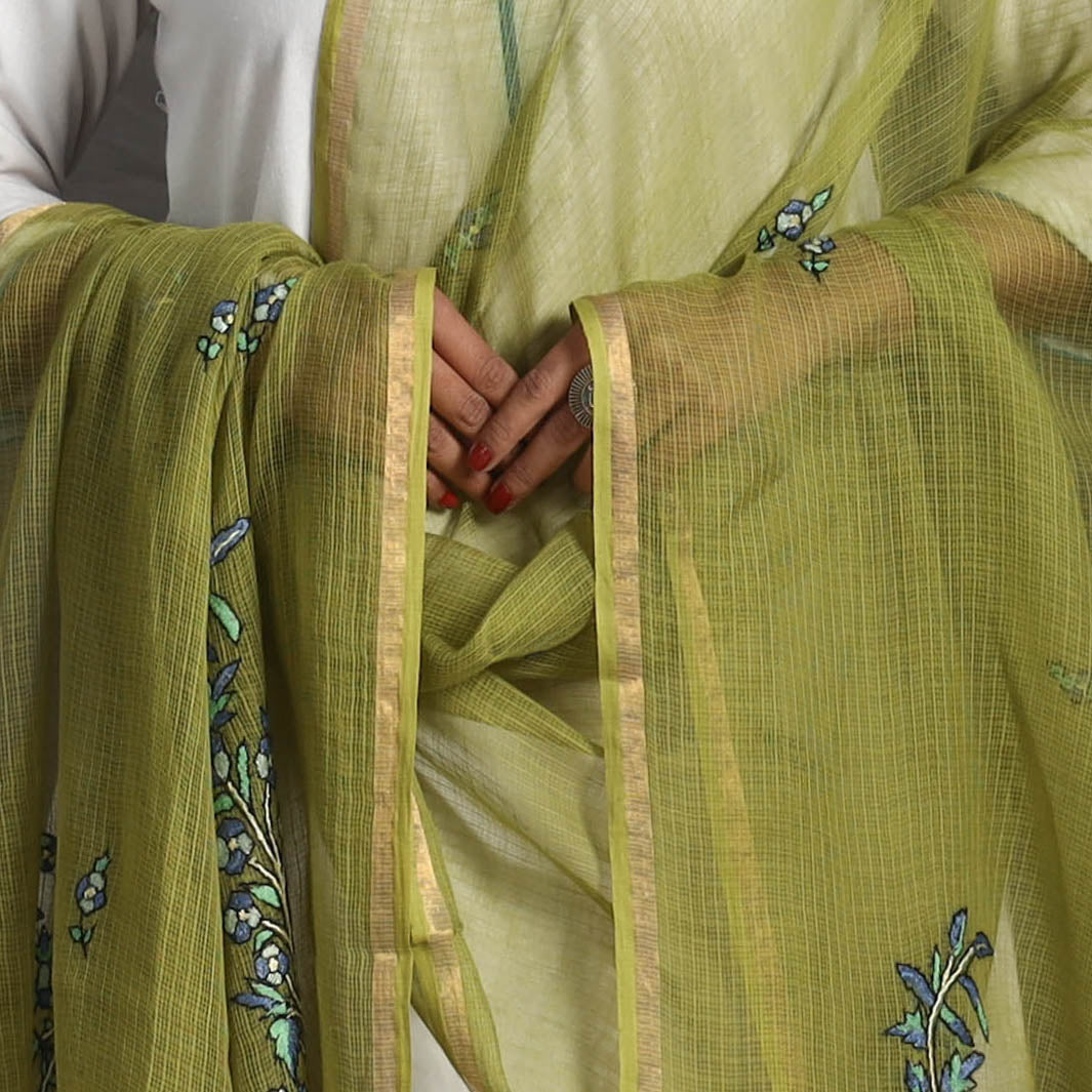 Green - kota doria silk cotton kashida embroidery dupatta