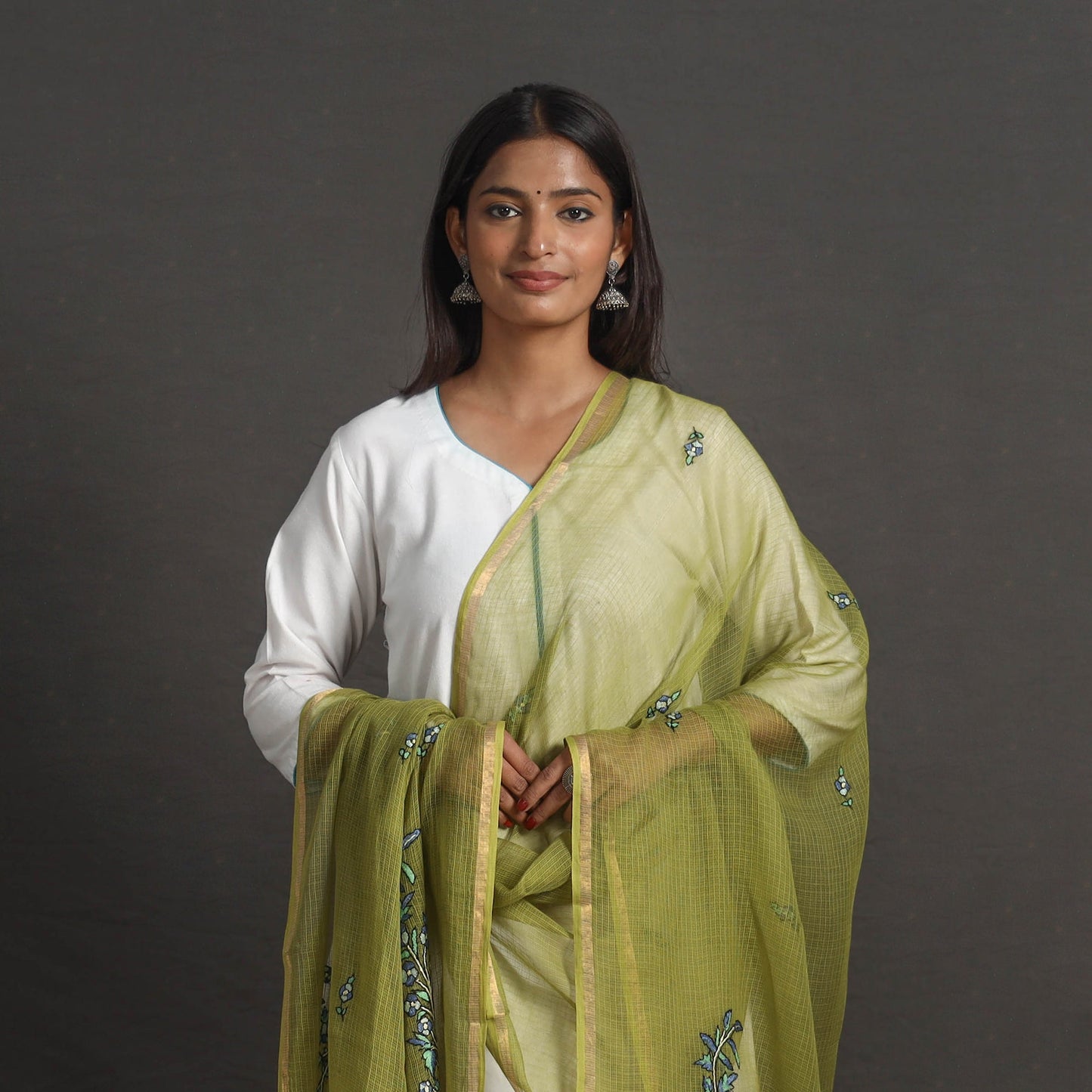 Green - kota doria silk cotton kashida embroidery dupatta