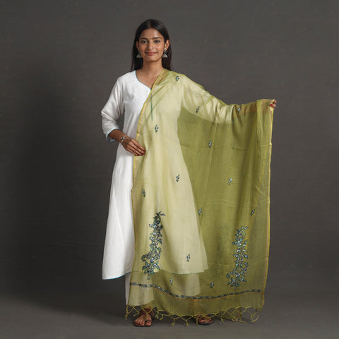 Green - kota doria silk cotton kashida embroidery dupatta