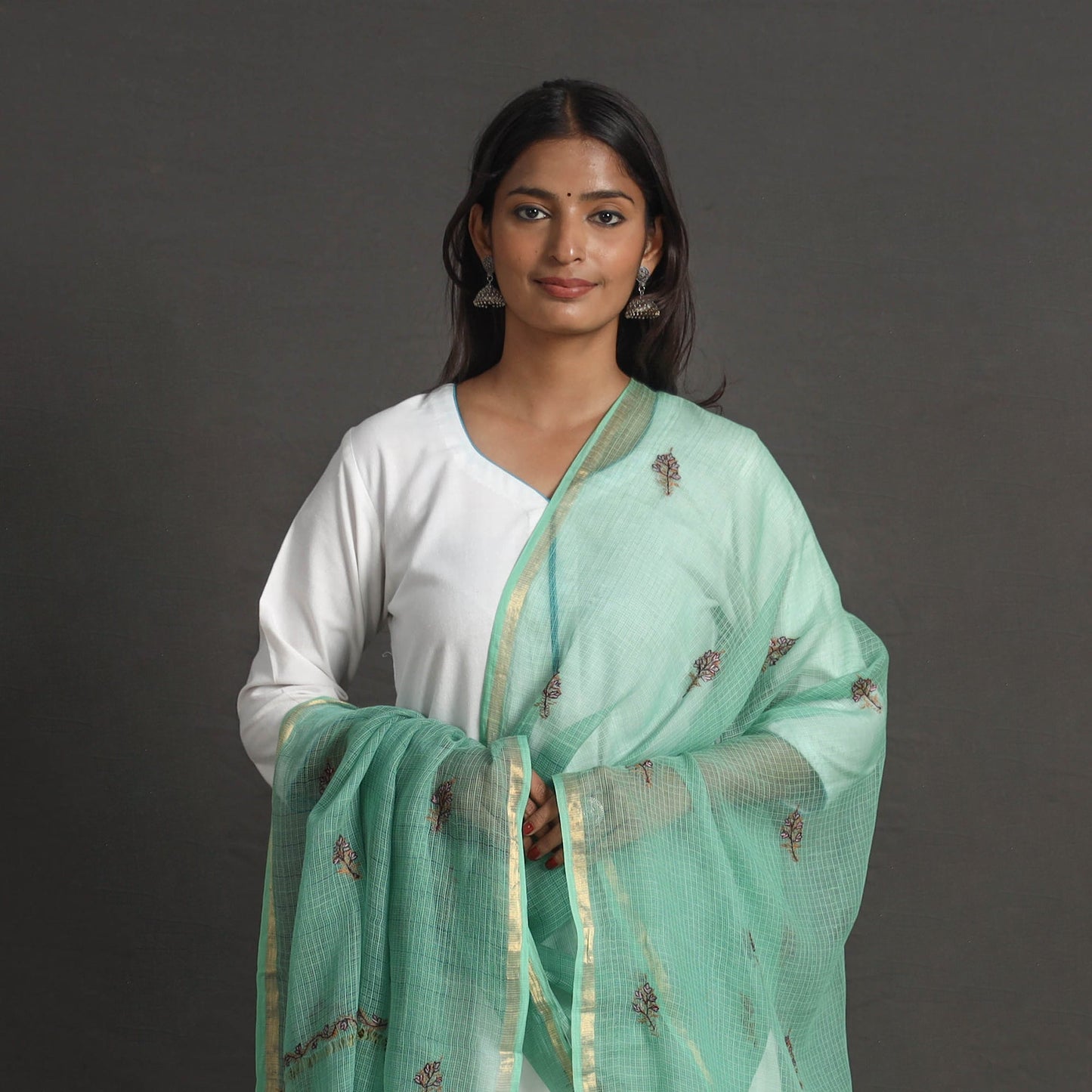 Green - kota doria silk cotton kashida embroidery dupatta