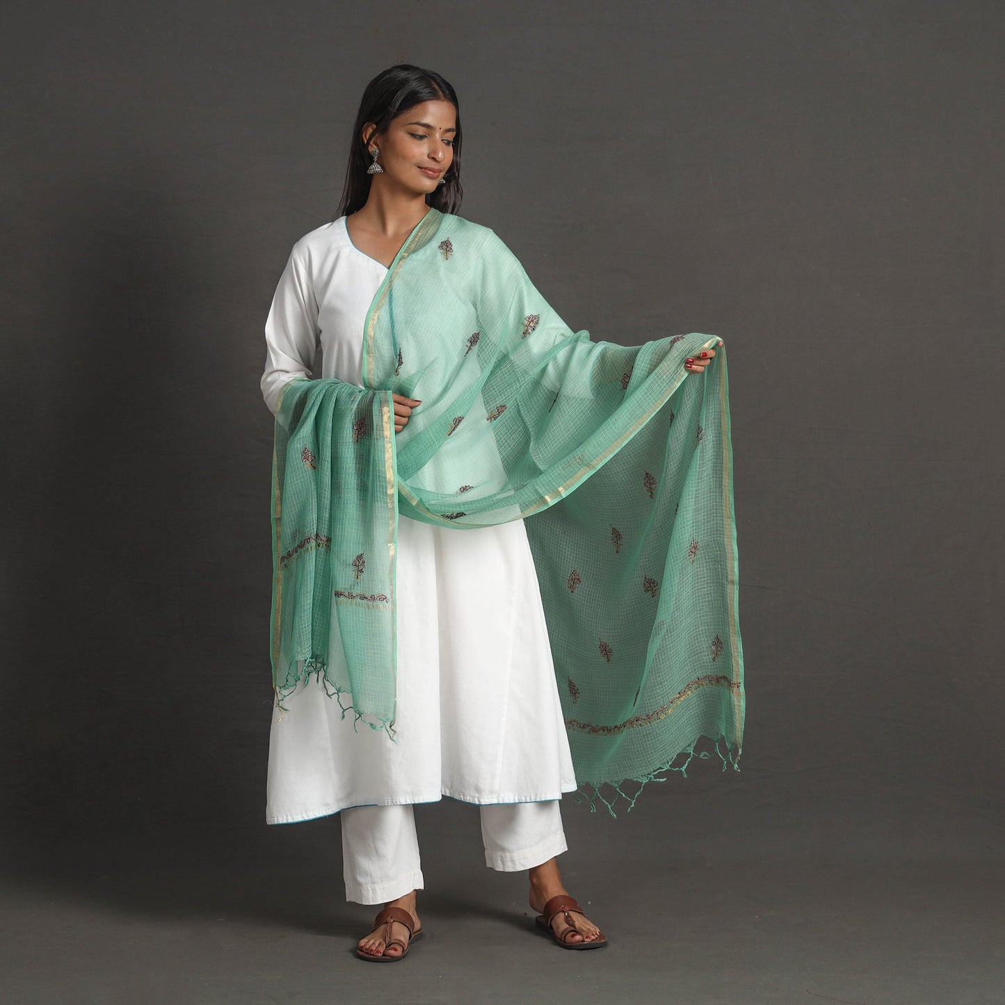 Green - kota doria silk cotton kashida embroidery dupatta