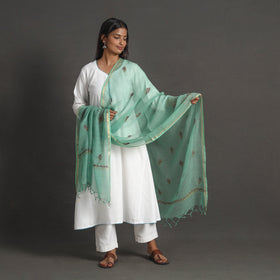Green - kota doria silk cotton kashida embroidery dupatta