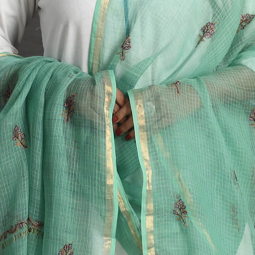 Green - kota doria silk cotton kashida embroidery dupatta