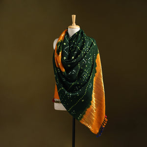 Kutch bandhani handwoven merino wool shawl with zari patta