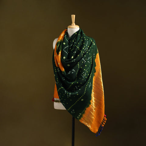 Kutch bandhani handwoven merino wool shawl with zari patta