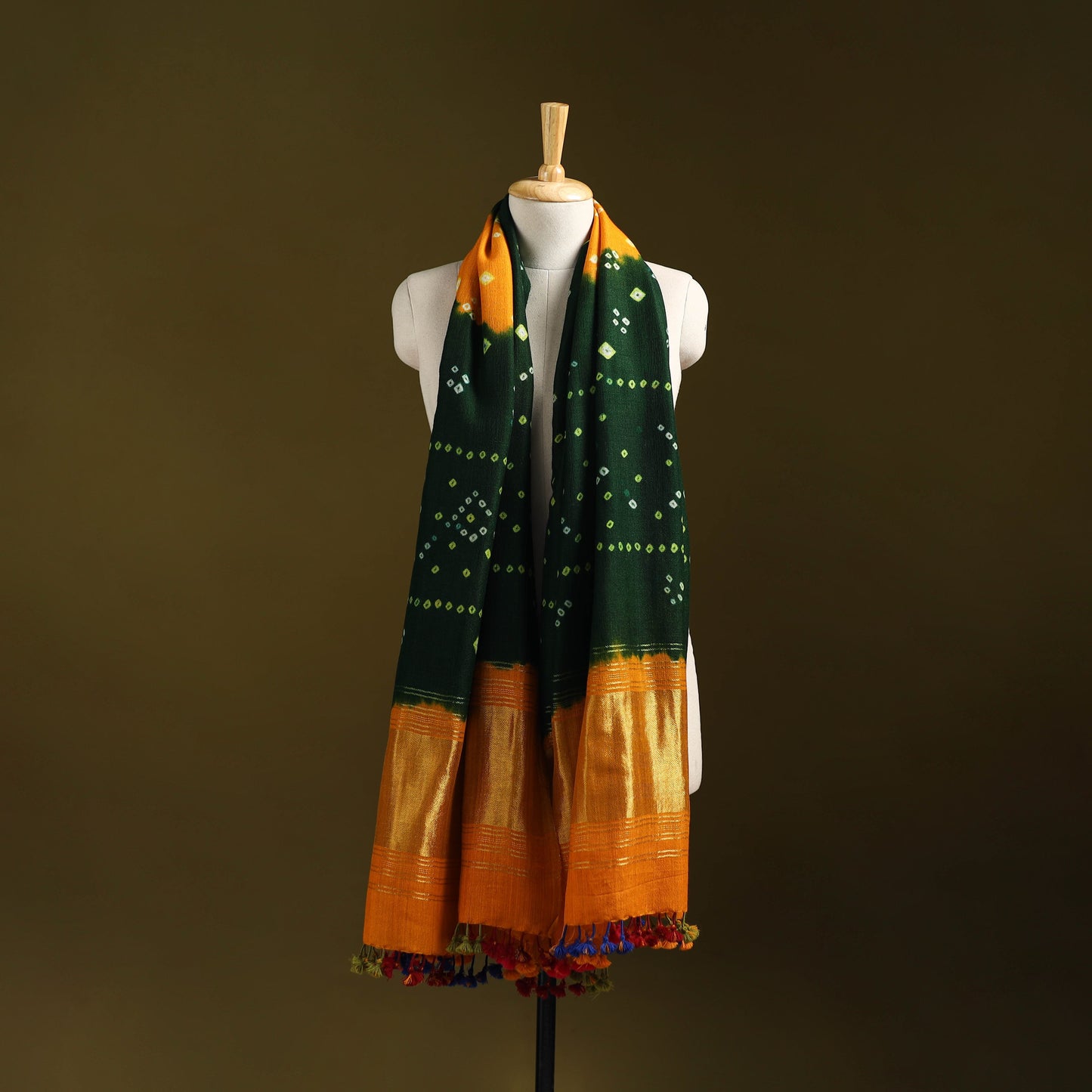 Kutch bandhani handwoven merino wool shawl with zari patta