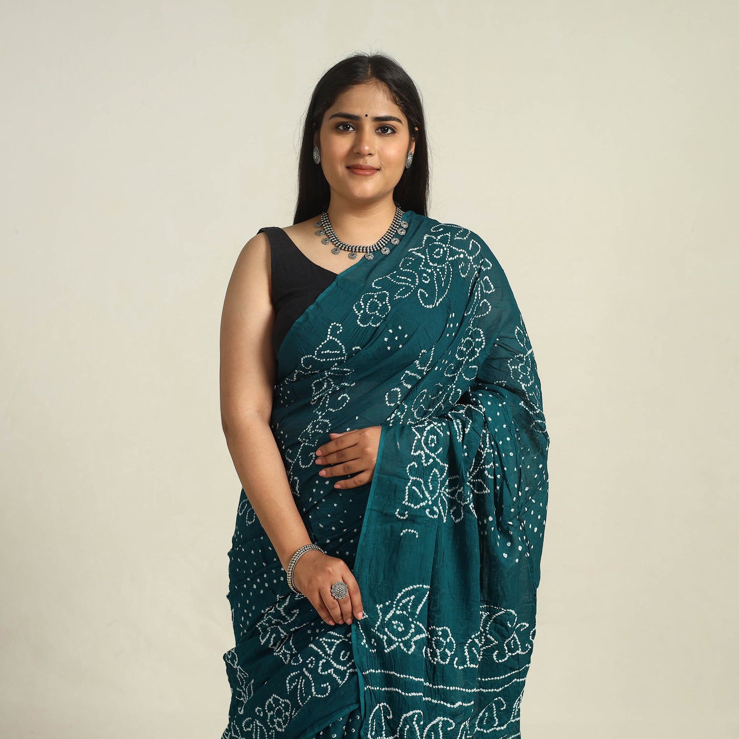 Green - Kutch Bandhani Tie-Dye Cotton Saree with Blouse Piece