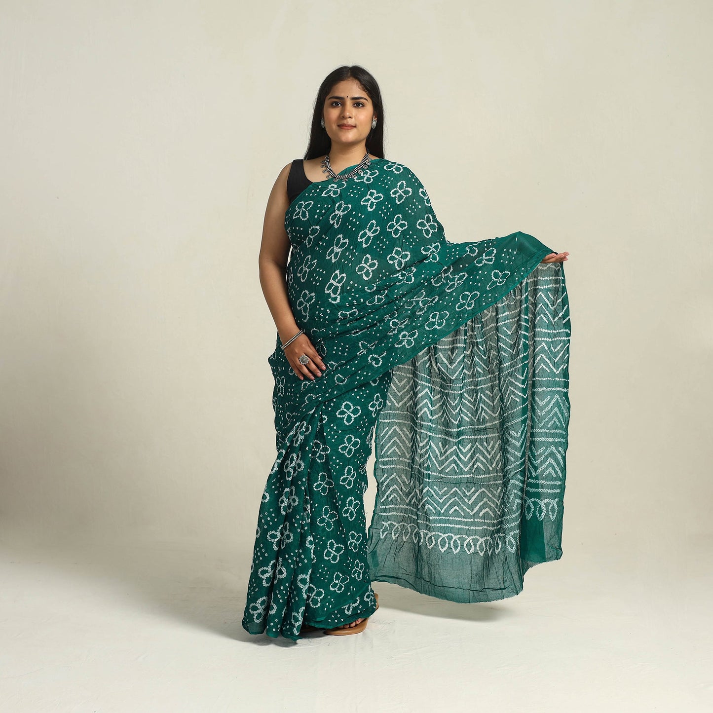 Green - kutch bandhani tie-dye cotton saree with blouse