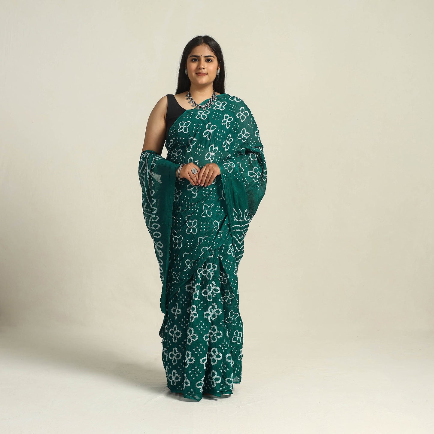 Green - kutch bandhani tie-dye cotton saree with blouse