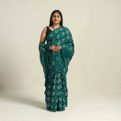 Green - kutch bandhani tie-dye cotton saree with blouse