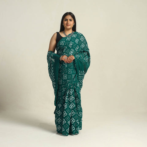 Green - kutch bandhani tie-dye cotton saree with blouse