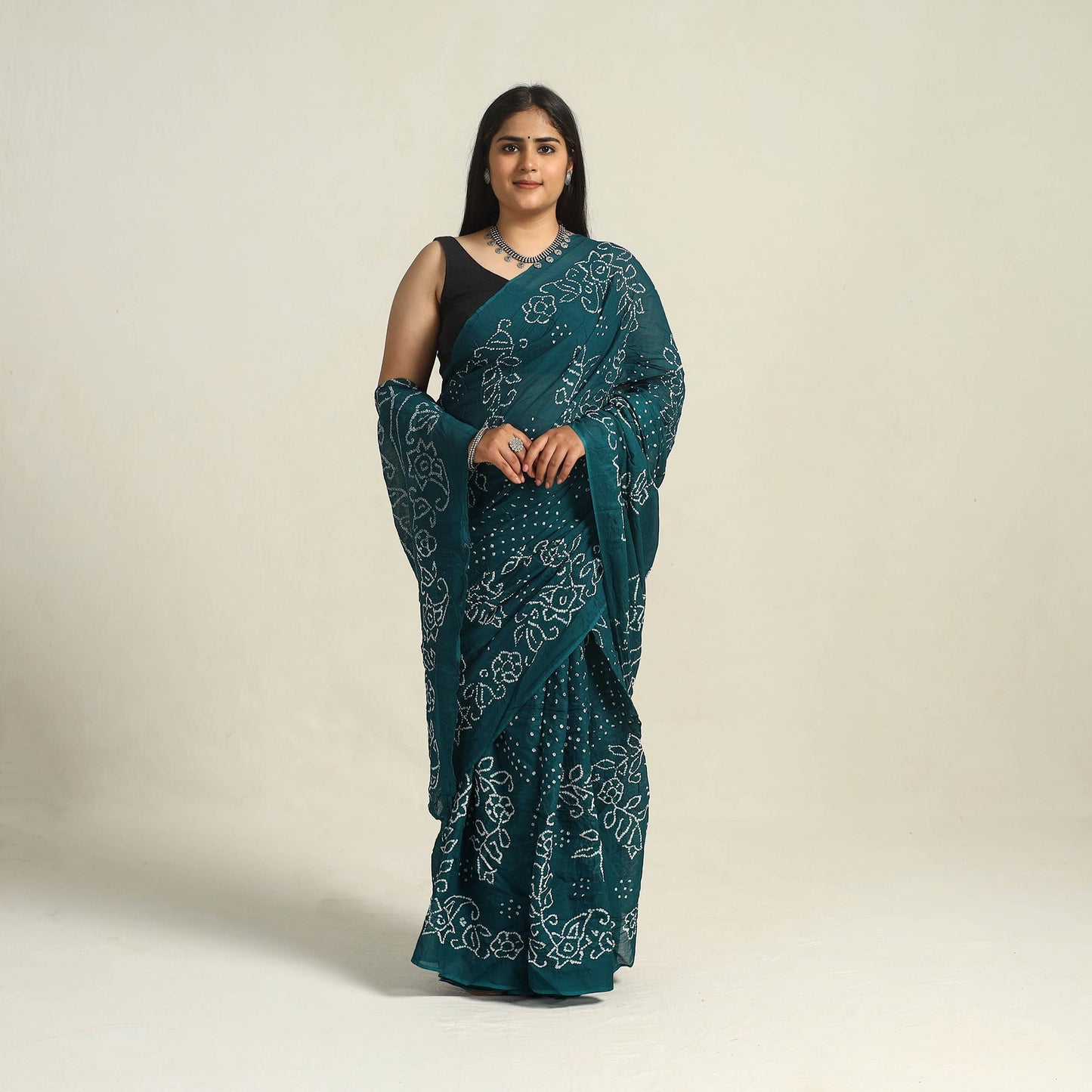 Green - Kutch Bandhani Tie-Dye Cotton Saree with Blouse Piece