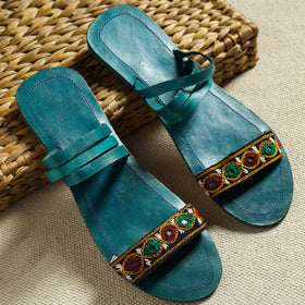Green Kutch Embroidery Handstitched Leather Flat Slippers