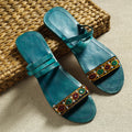Green Kutch Embroidery Handstitched Leather Flat Slippers