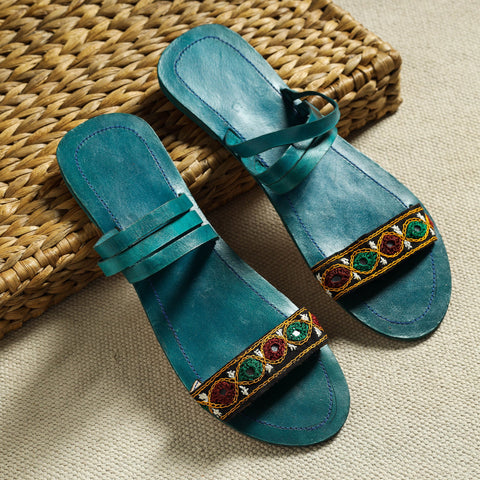 Green Kutch Embroidery Handstitched Leather Flat Slippers