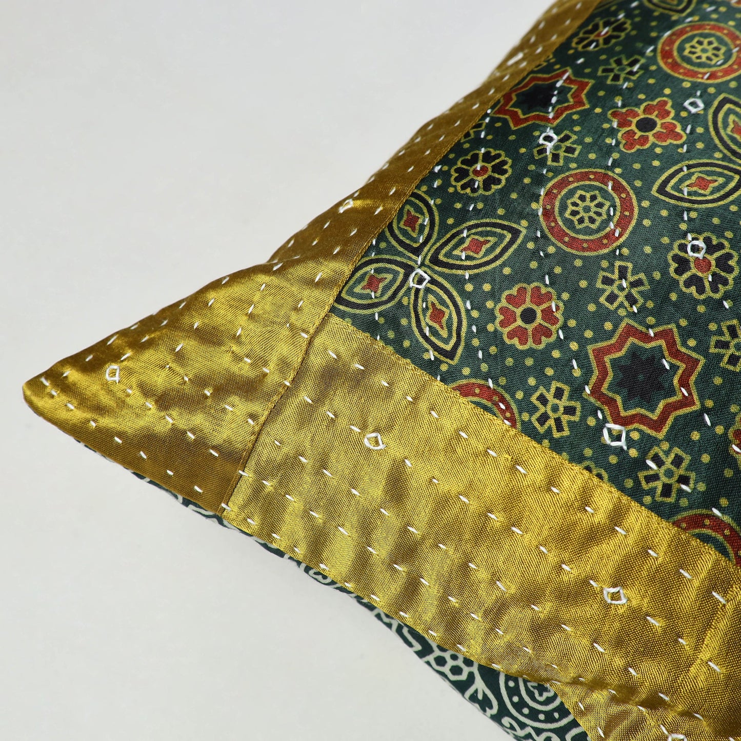 Green - Kutch Embroiderd Mashru Silk Ajrakh Print Cushion Cover 08