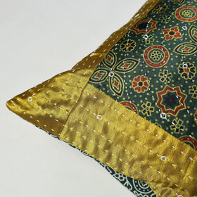 Green - Kutch Embroiderd Mashru Silk Ajrakh Print Cushion Cover 08