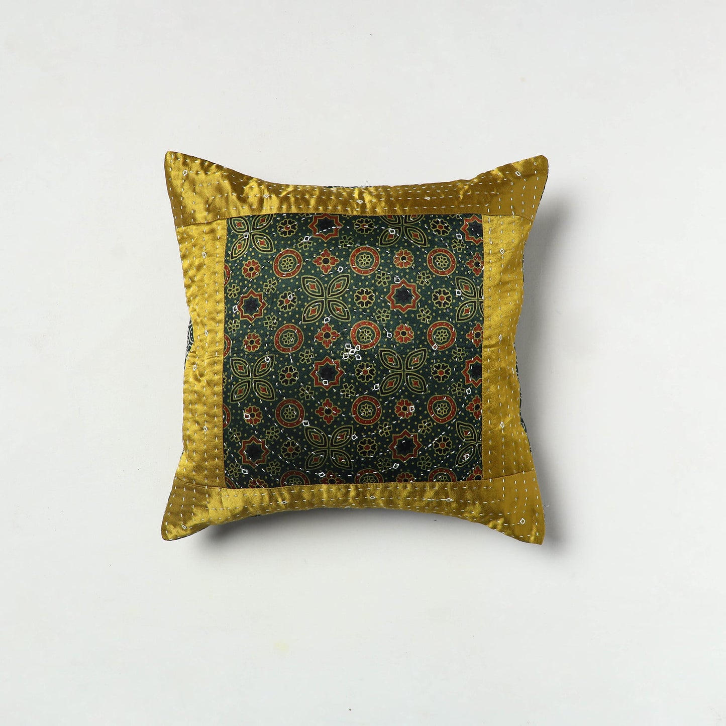 Green - Kutch Embroiderd Mashru Silk Ajrakh Print Cushion Cover 08