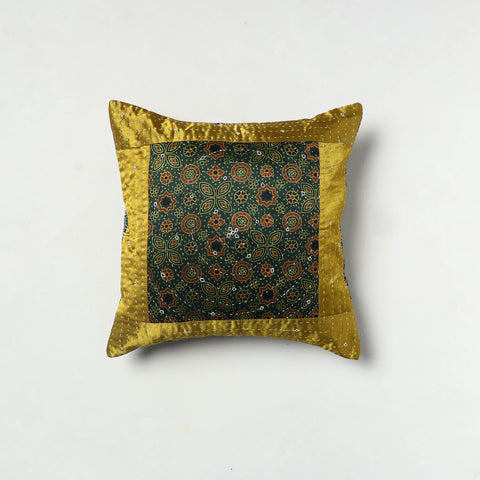 Green - Kutch Embroiderd Mashru Silk Ajrakh Print Cushion Cover 08