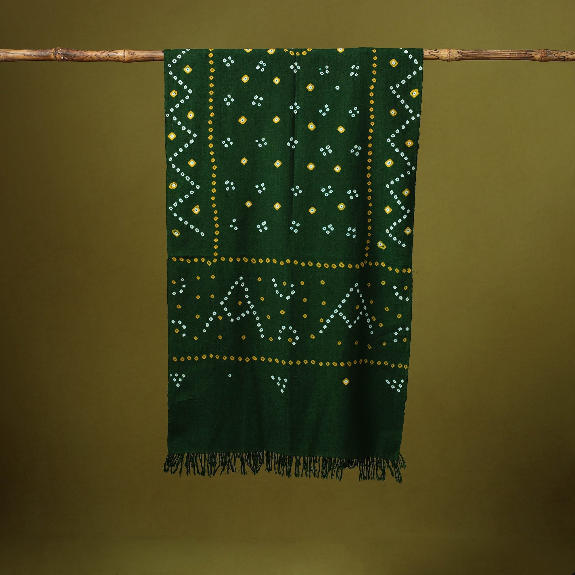 Bhidane Wool Green Kutch Handwoven Merino Wool Tie-Dye Bandhani Stole