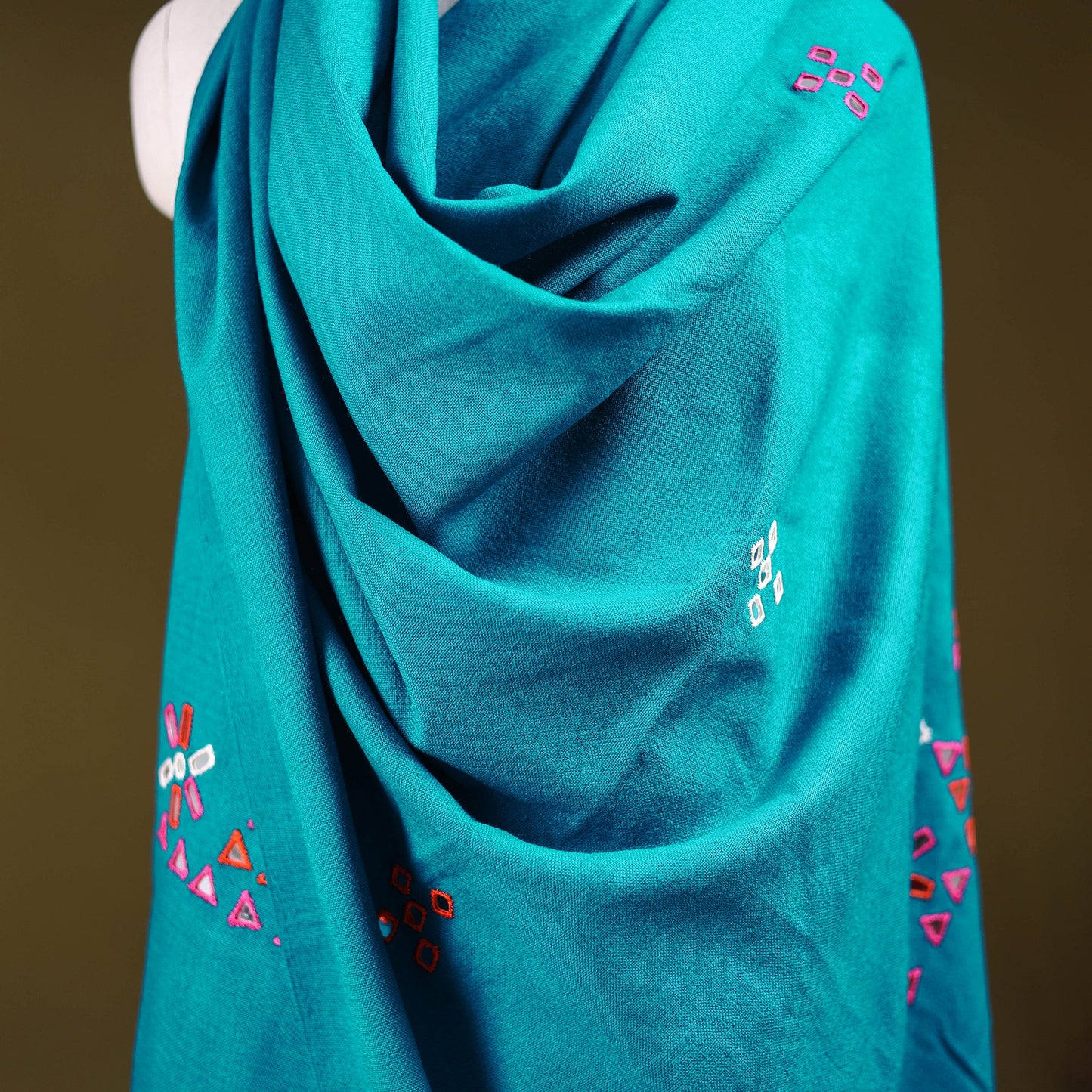 Green - kutch handwoven mirror work acrylic wool shawl 126