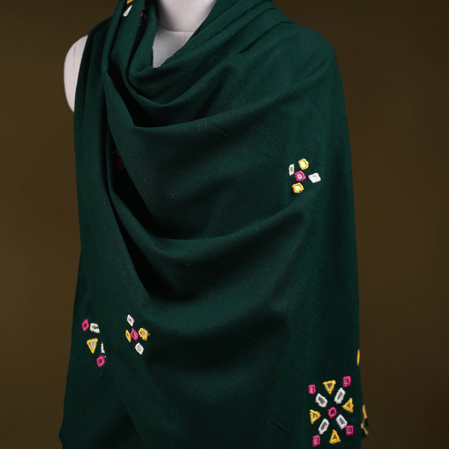 Green - kutch handwoven mirror work acrylic wool shawl 139