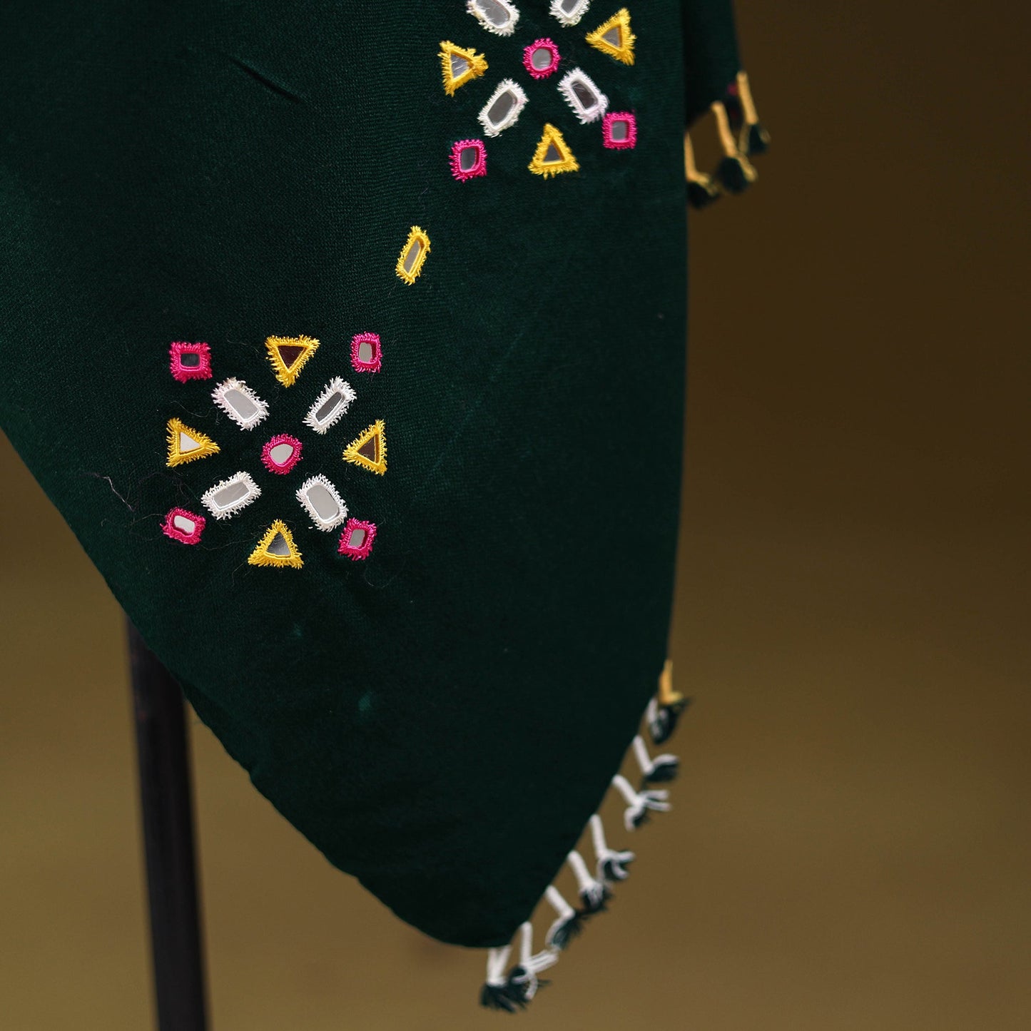 Green - kutch handwoven mirror work acrylic wool shawl 139