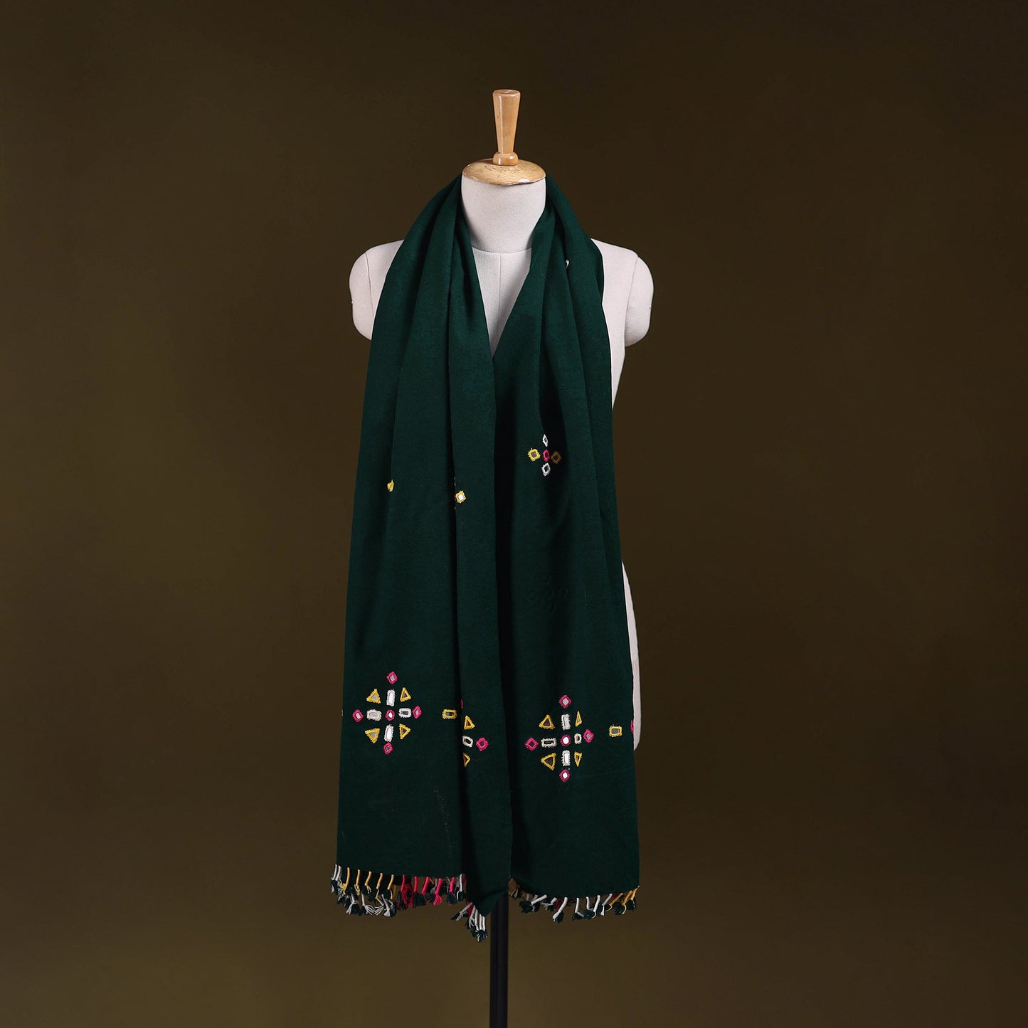 Green - kutch handwoven mirror work acrylic wool shawl 139