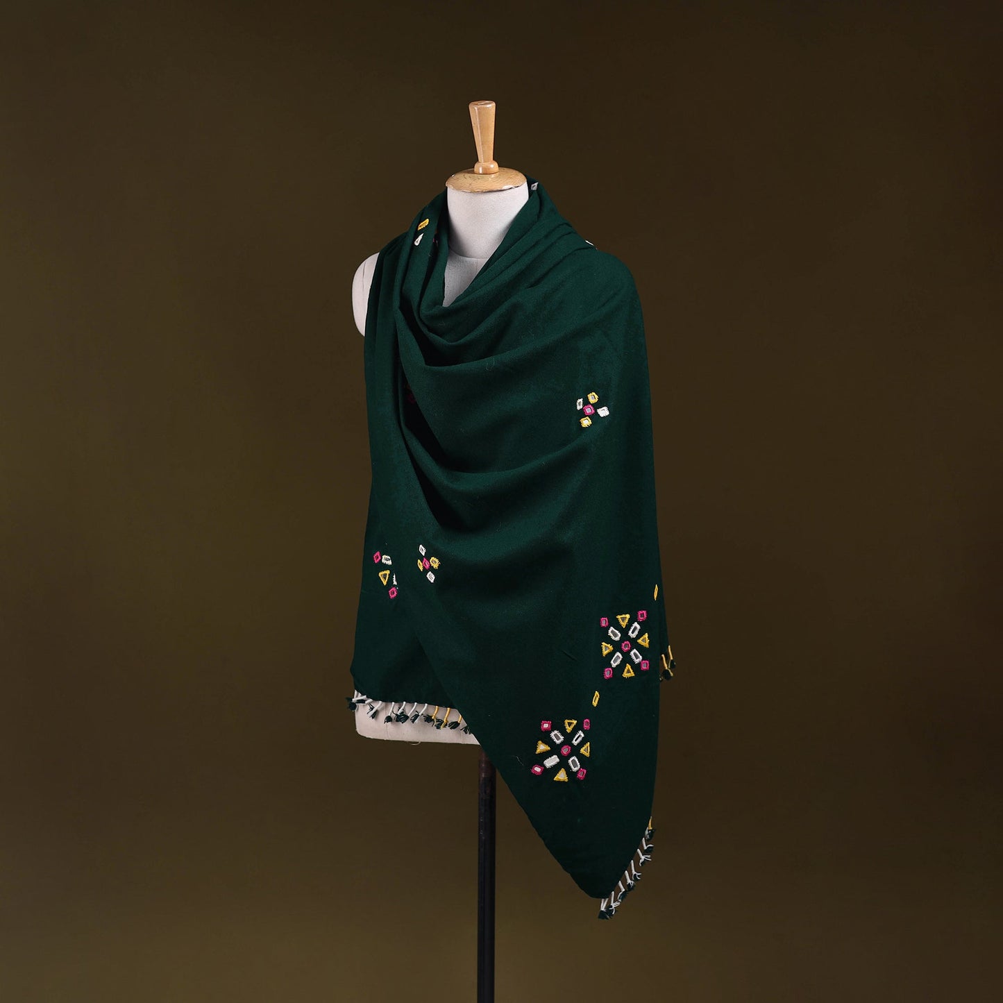 Green - kutch handwoven mirror work acrylic wool shawl 139