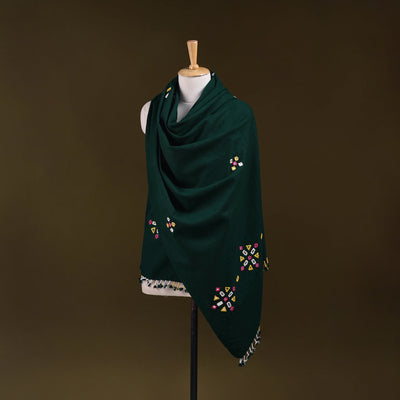 Green - kutch handwoven mirror work acrylic wool shawl 139