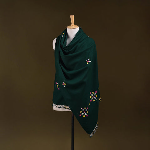 Green - kutch handwoven mirror work acrylic wool shawl 139