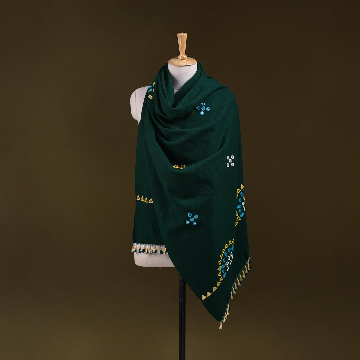 Green - kutch handwoven mirror work acrylic wool shawl 144