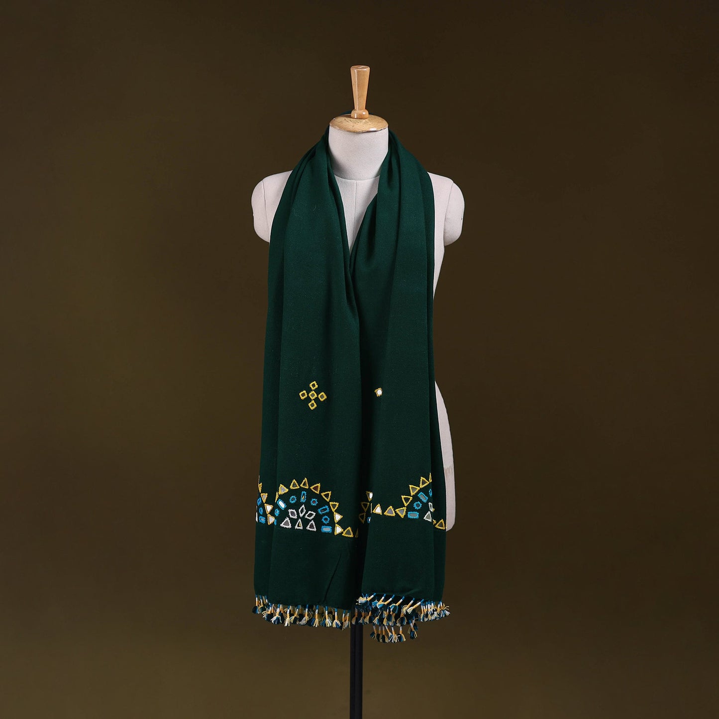 Green - kutch handwoven mirror work acrylic wool shawl 144