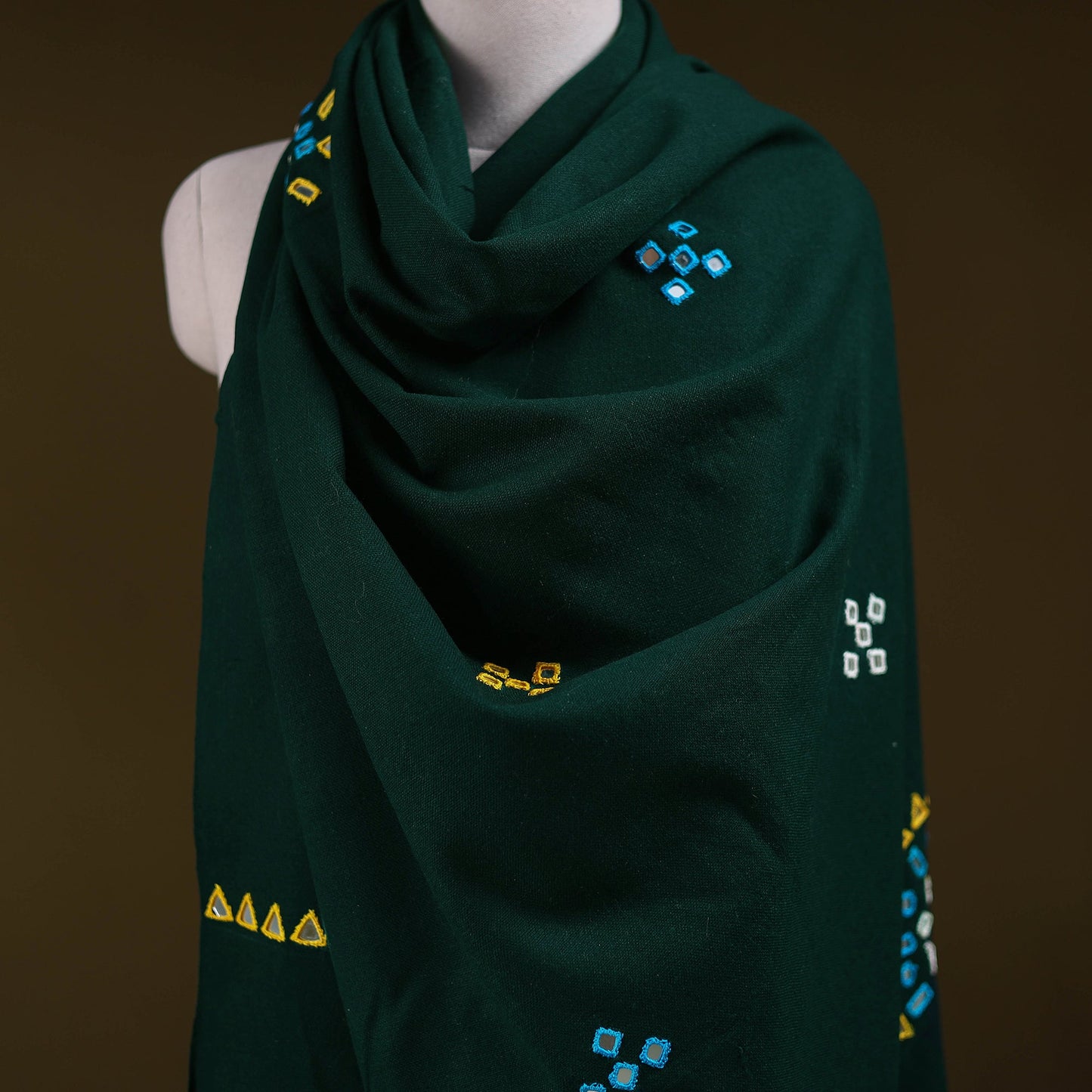 Green - kutch handwoven mirror work acrylic wool shawl 144