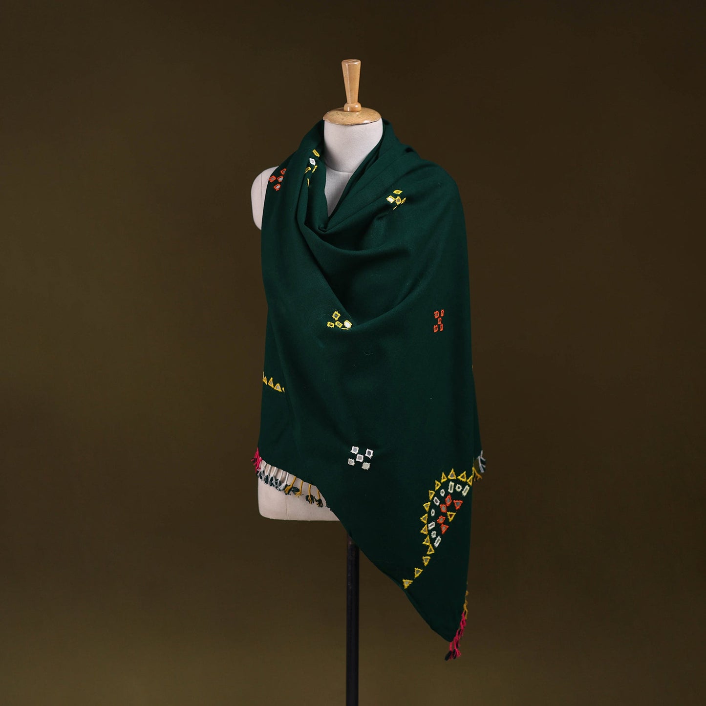 Green - kutch handwoven mirror work acrylic wool shawl 150