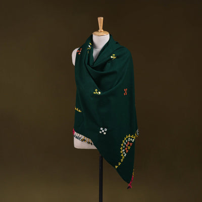 Green - kutch handwoven mirror work acrylic wool shawl 150