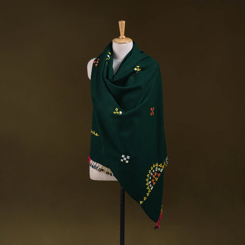 Green - kutch handwoven mirror work acrylic wool shawl 150