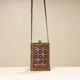 Green Kutch Neran Embroidery Mashru Silk Mobile Sling Bag 