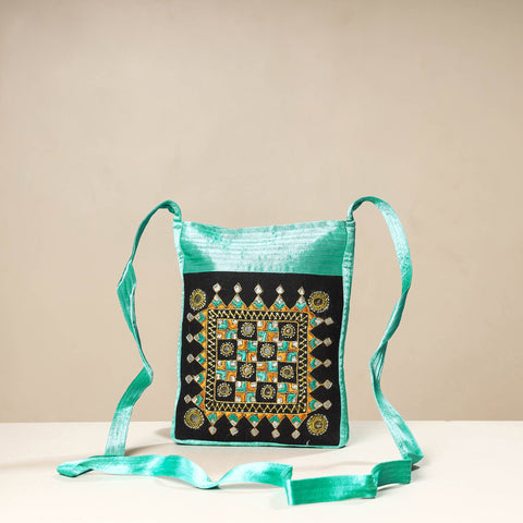 Green - kutch neran embroidery mashru silk sling bag