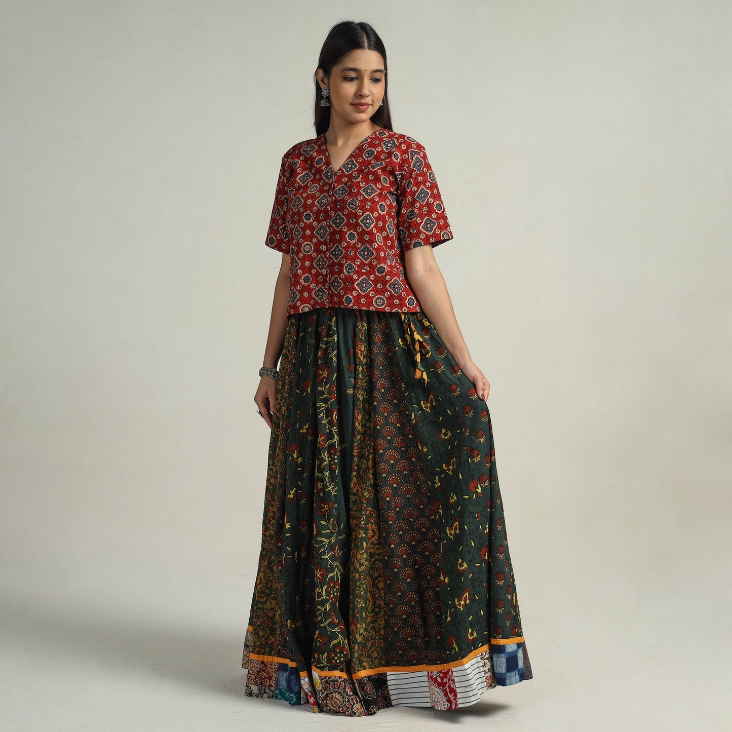 Green - kutch printed 24 kali cotton long skirt 05