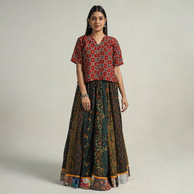 Green - kutch printed 24 kali cotton long skirt 05