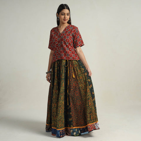 Buy Green Kutch Block Printed 24 Kali Cotton Long Skirt
