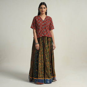 Buy Green Kutch Block Printed 24 Kali Cotton Long Skirt