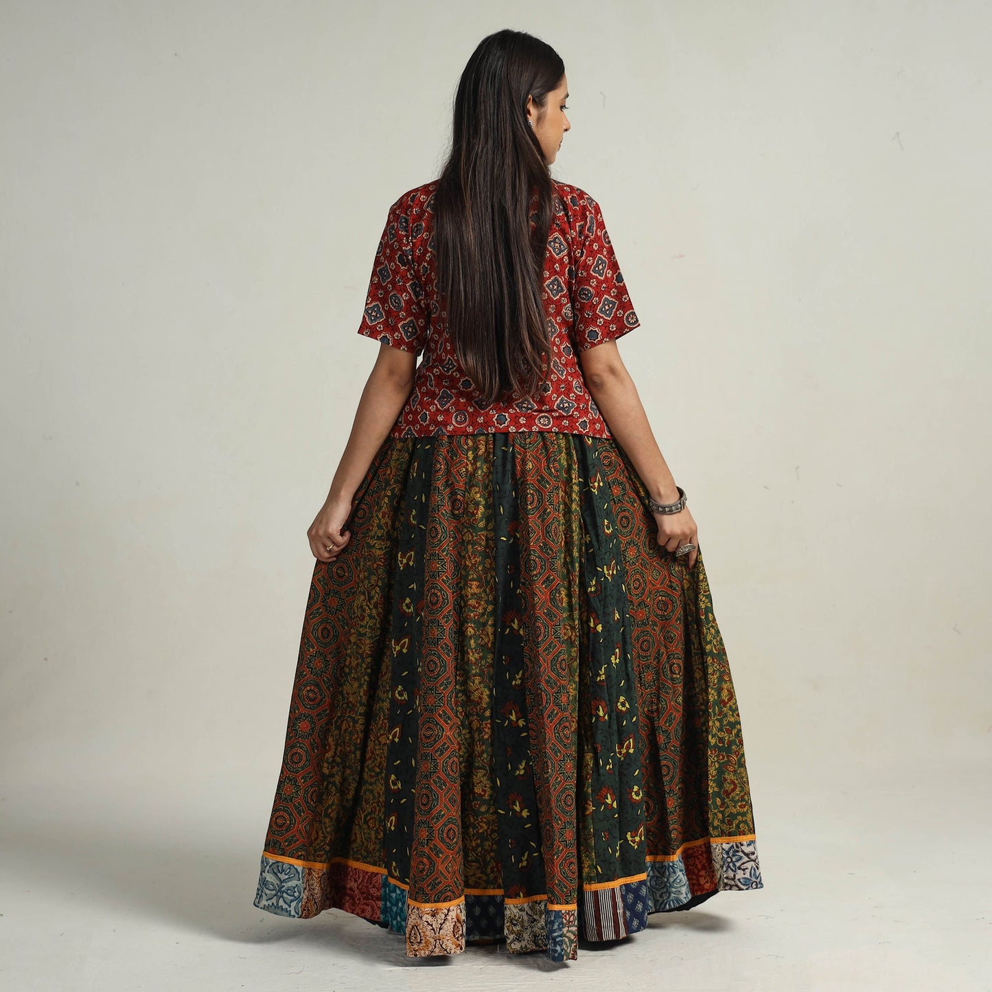 Buy Green Kutch Block Printed 24 Kali Cotton Long Skirt