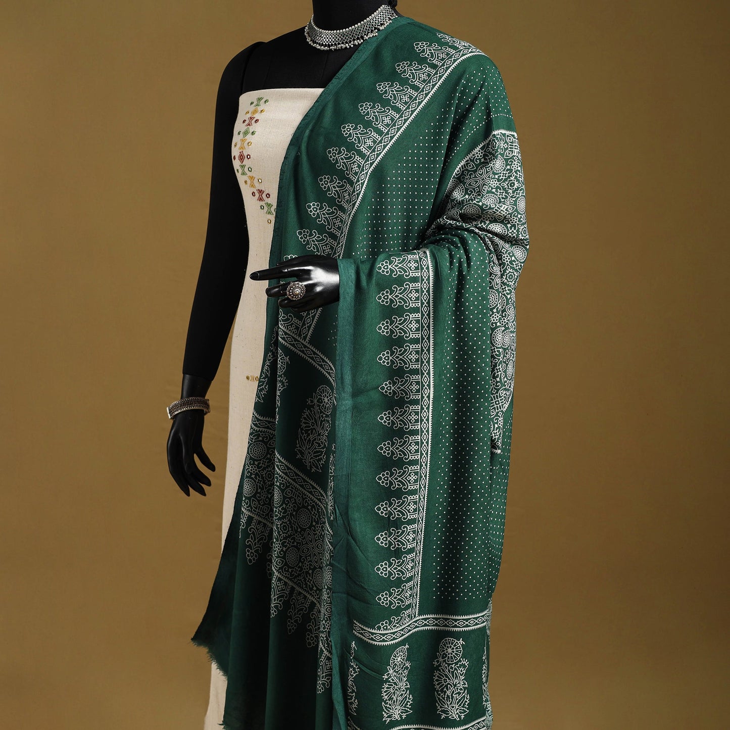 Green - kutch printed rayon dupatta 02 - handcrafted